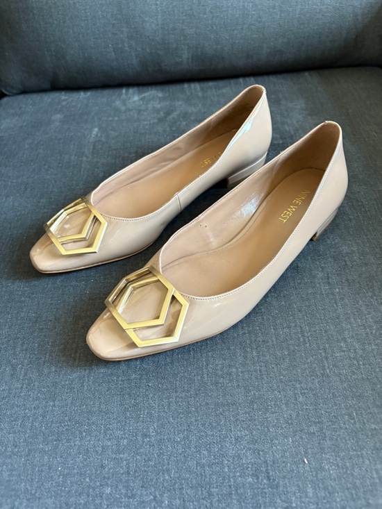 Nine West Shoes - Nine West Beige Patent Leather Low Heel Flats with Gold Geometric Accent